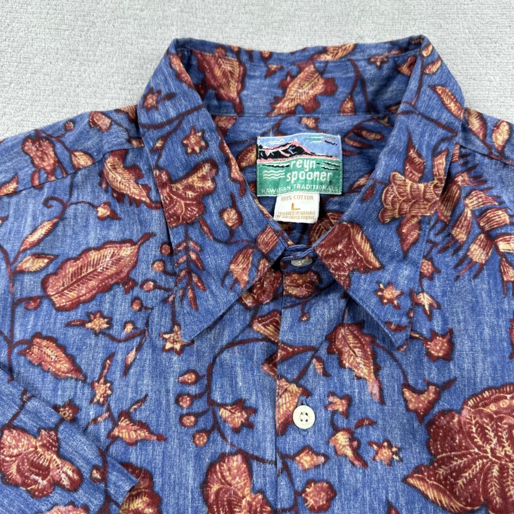 Vintage Reyn Spooner Shirt Mens Large Blue Terracotta Floral Batik Hawaiian